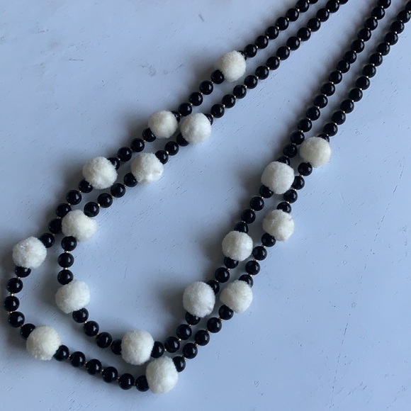 J Crew Pom Pom Necklace Wooden Beads‎ bohemian festive black beige gold - Picture 2 of 7
